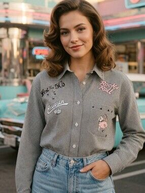 HOT DAMES BY BELLE LOG SLEEVE CHECKERED BUTTON -UP 1950'S INSPIRED SHIRT. SZ XL.